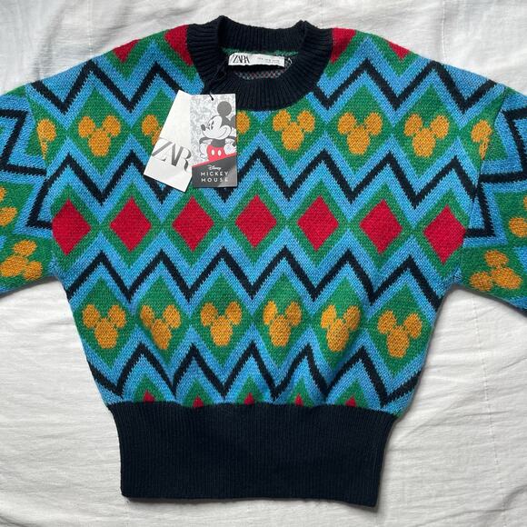 NWT Zara Disney Mickey Mouse Jacquard Knit Sweater Size Small Chunky Cozy Warm - Picture 2 of 6